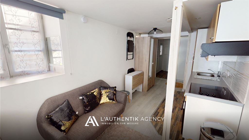 photographie de la pièce de vie, espace canapé et cuisine équipée