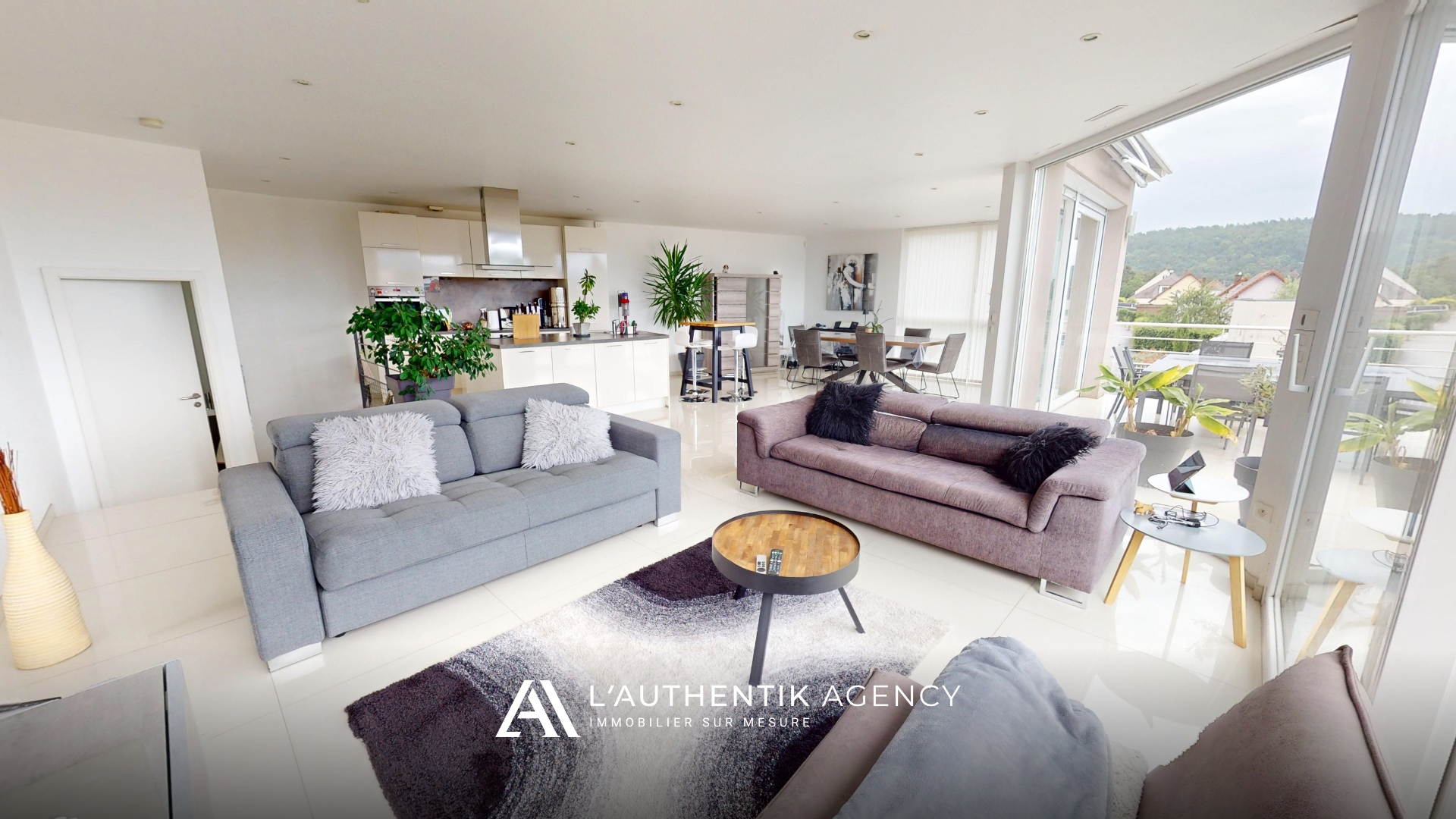 photographie de la pièce de vie avec espace salon, cuisine ouverte et salle à manger